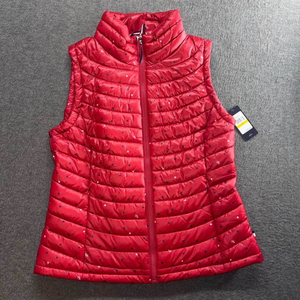 Tommy Hilfiger Womens Red Star Print Puffer Vest Full Zip Sleeveless Jacket M